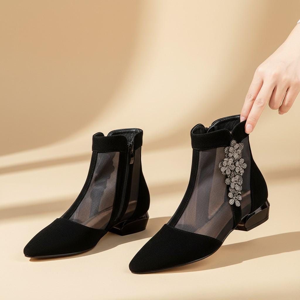 Black Mesh Ankle Booties for Women, Pointed Toe Low Heel Shoes, Embellished Dress Boots