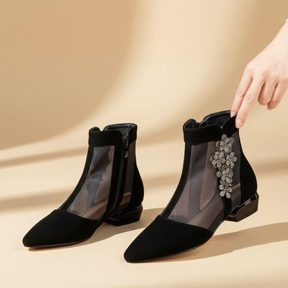 Black Mesh Ankle Booties for Women, Pointed Toe Low Heel Shoes, Embellished Dress Boots