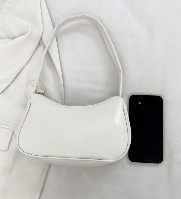 White Baguette Shoulder Bag, Minimalist Y2K Purse, Small White Handbag, Curved Underarm Bag, Women's Everyday Bag
