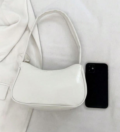 White Baguette Shoulder Bag, Minimalist Y2K Purse, Small White Handbag, Curved Underarm Bag, Women's Everyday Bag