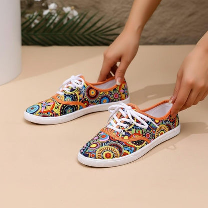 Colorful Geometric Sneakers for Women, Boho Patterned Low Top Shoes, Multicolor Lace Up Sneakers, Artistic Casual Footwear