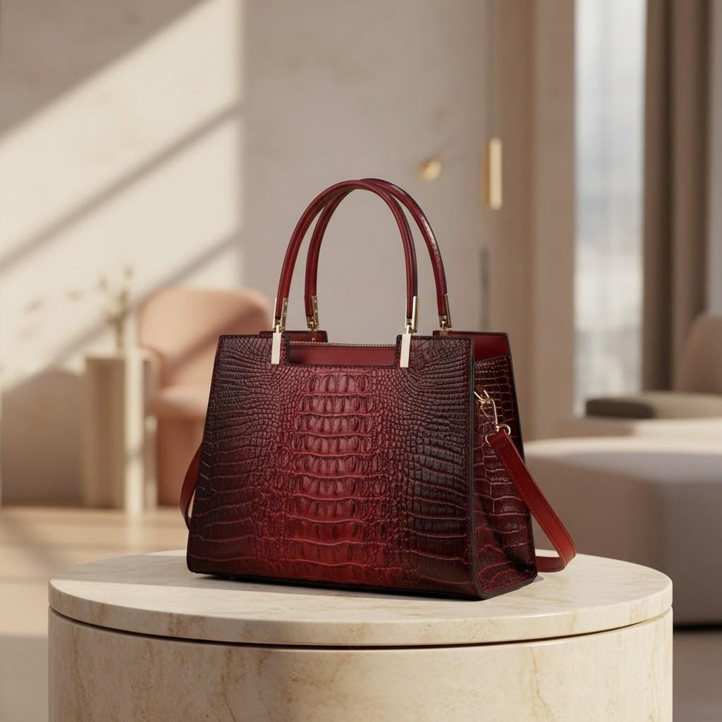 Burgundy Croc Embossed Handbag, Structured Top Handle Bag, Women's Shoulder Crossbody Purse, Elegant Satchel