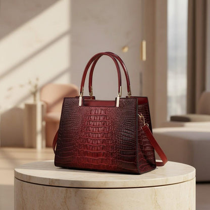Burgundy Croc Embossed Handbag, Structured Top Handle Bag, Women's Shoulder Crossbody Purse, Elegant Satchel