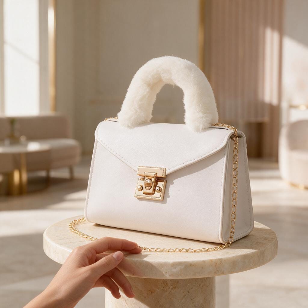 White Top Handle Bag, Faux Fur Handle Handbag, Ivory Purse, Structured Shoulder Bag, Chain Strap Bag, Elegant Handbag
