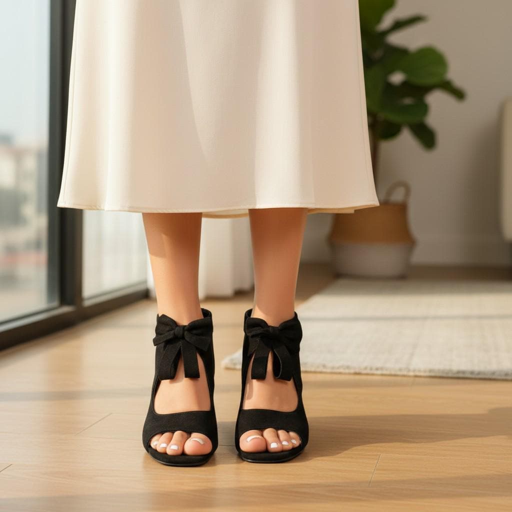 Black Bow Peep Toe Booties, High Block Heel Ankle Boots for Women,