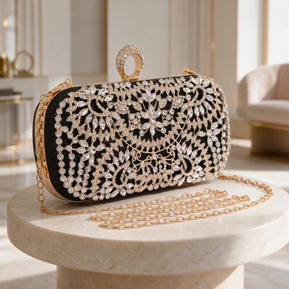 Black Crystal Clutch Bag, Rhinestone Evening Purse, Floral Bridal Bag, Wedding Clutch with Gold Chain, Sparkly Formal Bag