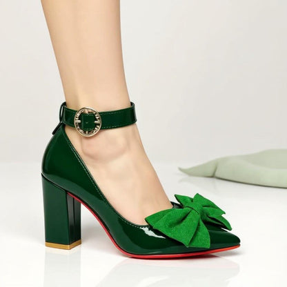 Green Bow Heels, Emerald Pointed Toe Pumps, Ankle Strap Stiletto Shoes