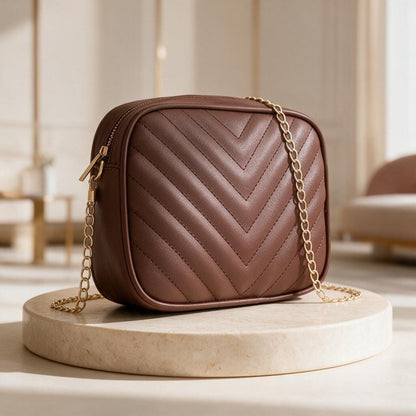 Brown Quilted Crossbody Bag, Chevron Shoulder Purse, Gold Chain Handbag, Small Brown Evening Bag, Elegant Women Bag