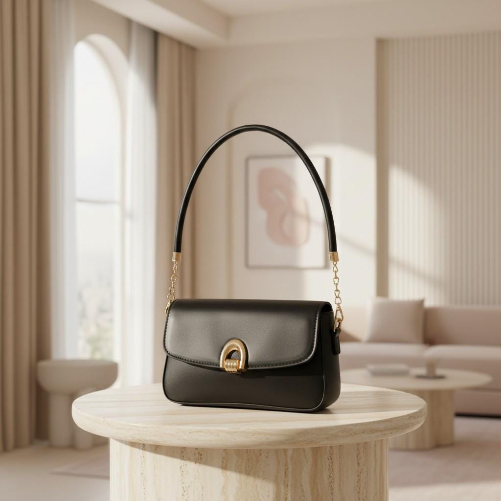 Black Structured Top Handle Bag, Flap Shoulder Purse, Gold Clasp Handbag