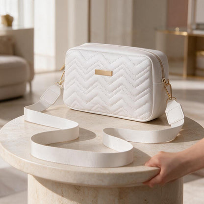 White Quilted Crossbody Bag, Chevron Shoulder Purse, White Handbag, Zigzag Quilted Bag, Adjustable Strap Crossbody