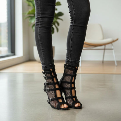 Black Bow Peep Toe Booties, High Block Heel Ankle Boots for Womens