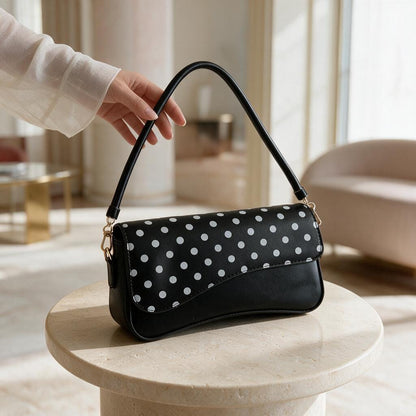 Black Polka Dot Shoulder Bag, Y2K Baguette Purse, Retro Handbag, Cute Everyday Bag