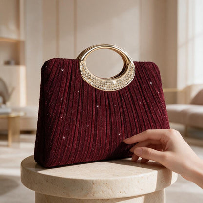 Burgundy Evening Clutch, Wine Red Party Purse, Rhinestone Ring Handle Bag, Elegant Wedding Guest Handbag, Statement Clutch