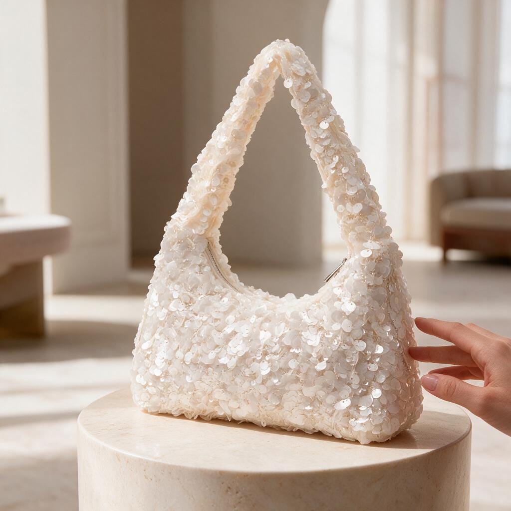 White Sequin Shoulder Bag, Sparkly Purse, Y2K Evening Bag, Bridal Party Handbag