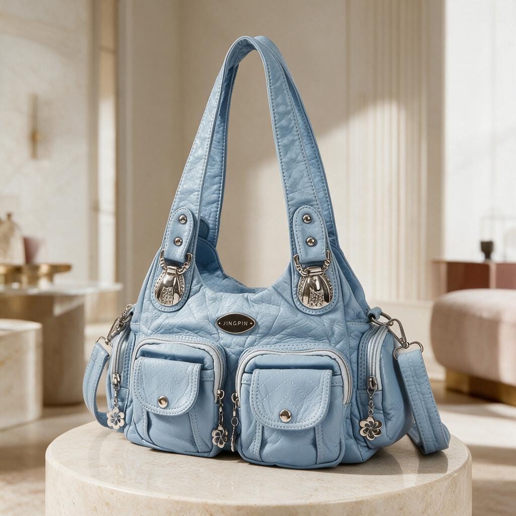 Light Blue Shoulder Bag, Quilted Purse, Y2K Multi Pocket Handbag, Blue Crossbody Bag