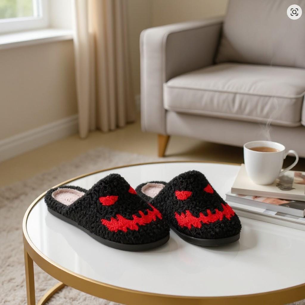 Monster Slippers, Black Fuzzy House Shoes, Spooky Halloween Slippers