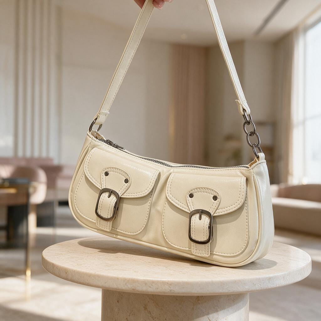 Cream Buckle Shoulder Bag, Y2K Double Pocket Purse, Ivory Baguette Handbag, Retro 90s Bag