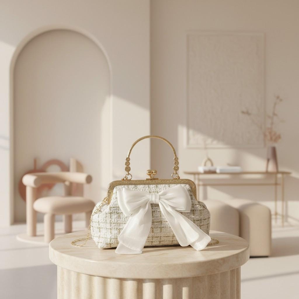 White Tweed Bow Handbag, Elegant Frame Purse with Chain Strap, Small Top Handle Bag, Bridal Evening Bag