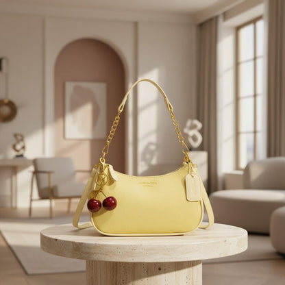 Yellow Baguette Shoulder Bag, Cherry Charm Purse, Small Y2K Handbag, Cute Summer Crossbody Bag
