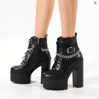 Black Gothic Platform Boots, Chain Buckle Ankle Boots, Punk Lace Up Chunky Heel Boots, Y2K Shoes
