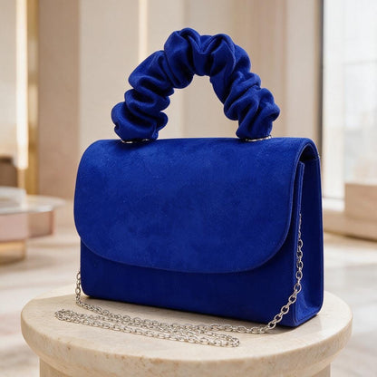 Royal Blue Clutch Bag, Cobalt Blue Evening Purse, Scrunchie Handle Handbag, Chain Strap Shoulder Bag, Wedding Guest Clutch