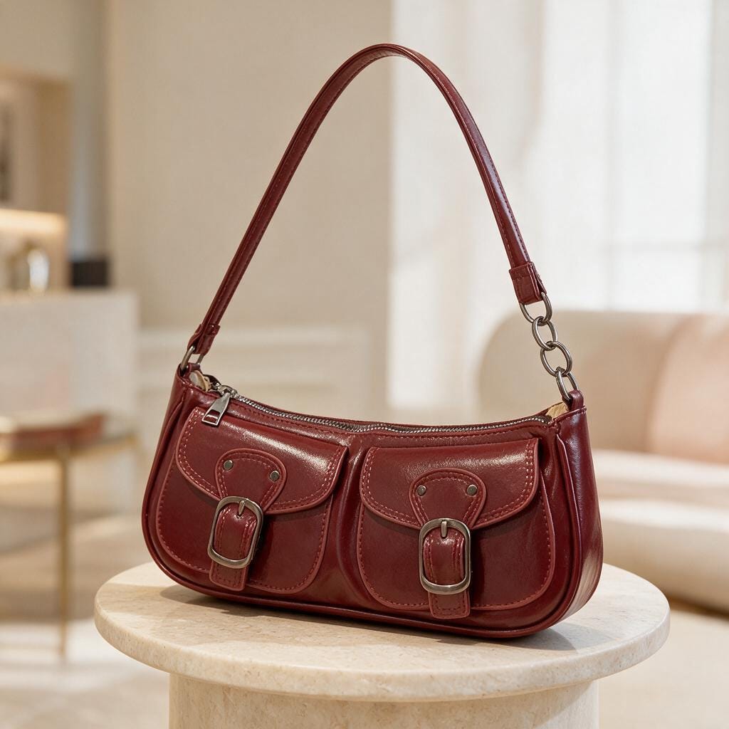 Burgundy Buckle Shoulder Bag, Y2K Mini Purse, Double Pocket Handbag, Retro 90s Bag