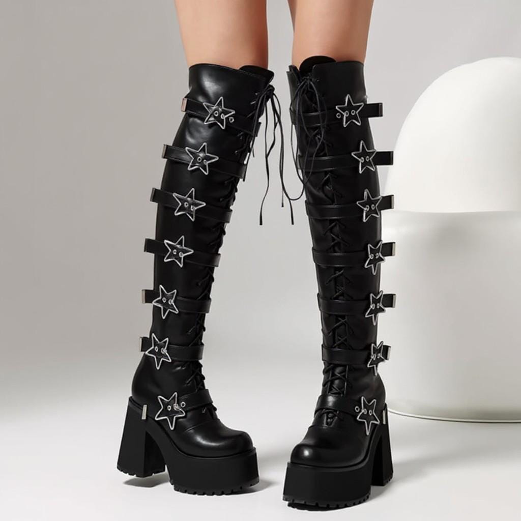 Black Star Buckle Platform Boots, Knee High Gothic Lace Up Boots, Chunky Y2K Punk Boots