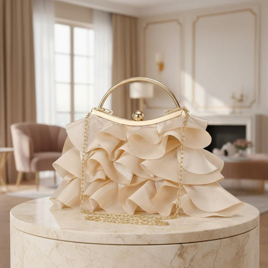 Cream Ruffle Clutch, Champagne Evening Bag, Ivory Top Handle Purse, Elegant Wedding Guest Bag, Romantic Statement Handbag
