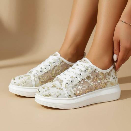 Floral Bridal Sneakers, White Wedding Shoes for Bride, Sequin Lace Sneakers, Elegant Wedding Trainers, Comfortable Reception Shoes