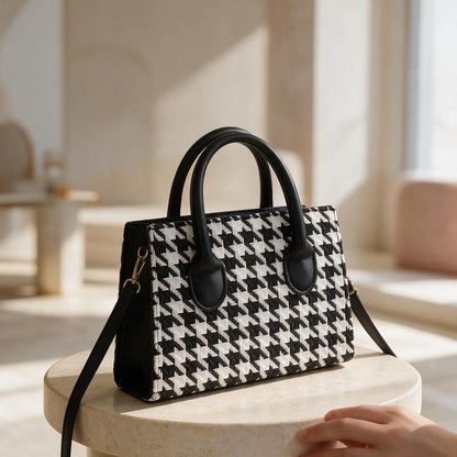 Houndstooth Handbag, Black White Top Handle Purse, Structured Shoulder Bag, Elegant Womens Handbag, Classic Checkered Purse