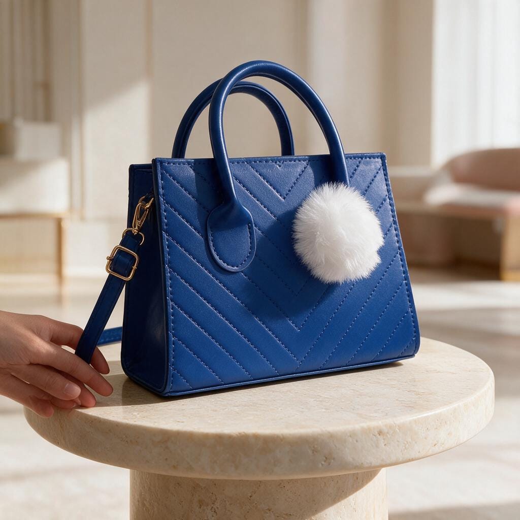 Royal Blue Handbag, Quilted Top Handle Purse, Blue Shoulder Bag with Pom Pom, Geometric Womens Purse, Cute Everyday Bag