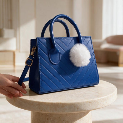 Royal Blue Handbag, Quilted Top Handle Purse, Blue Shoulder Bag with Pom Pom, Geometric Womens Purse, Cute Everyday Bag