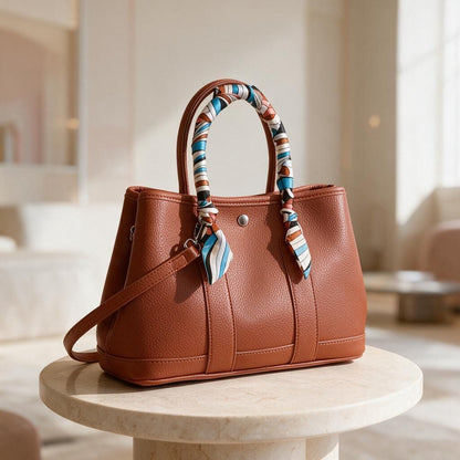Brown Tote Bag with Scarf Handles, Colorful Handle Handbag, Women's Shoulder Bag, Everyday Carryall Purse