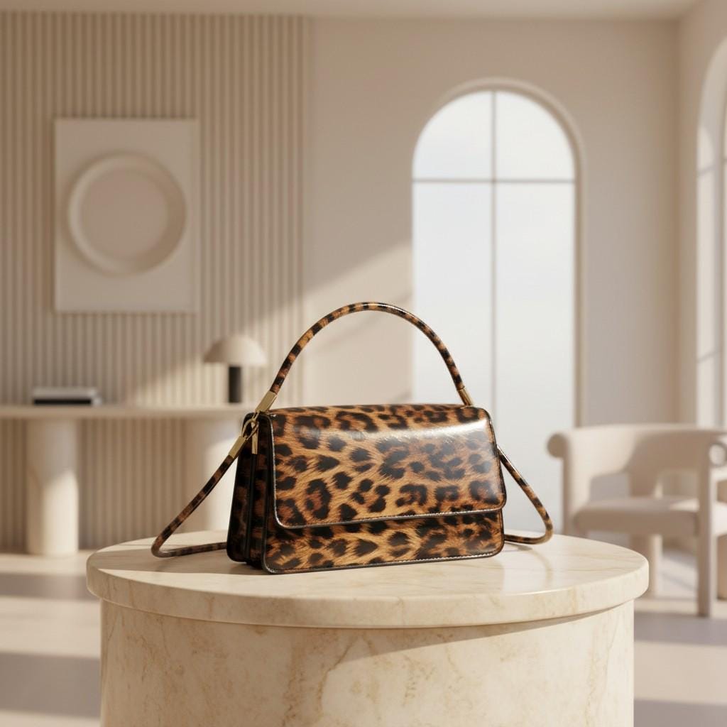 Leopard Print Flap Bag, Brown Animal Print Handbag, Structured Top Handle Purse, Y2K Shoulder Crossbody Bag, Women's Leopard Bag