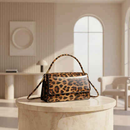 Leopard Print Flap Bag, Brown Animal Print Handbag, Structured Top Handle Purse, Y2K Shoulder Crossbody Bag, Women's Leopard Bag
