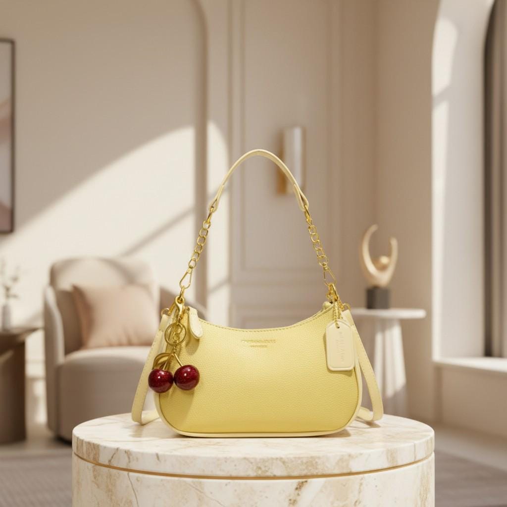 Yellow Baguette Shoulder Bag, Cherry Charm Purse, Small Y2K Handbag, Cute Summer Crossbody Bag