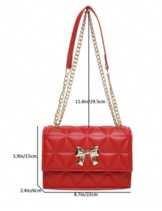 Red Quilted Shoulder Bag, Gold Bow Purse, Chain Strap Handbag, Geometric Crossbody Bag, Elegant Red Bag