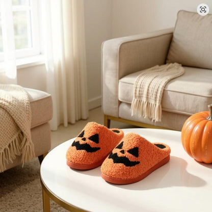 Pumpkin Slippers, Halloween Jack O Lantern House Shoes, Cozy Fuzzy Slippers