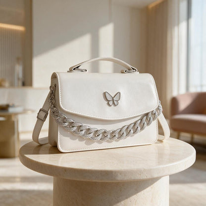 Cream Chain Handbag, Ivory Shoulder Bag, Structured Flap Purse, Elegant Crossbody Bag, Chic Womens Handbag