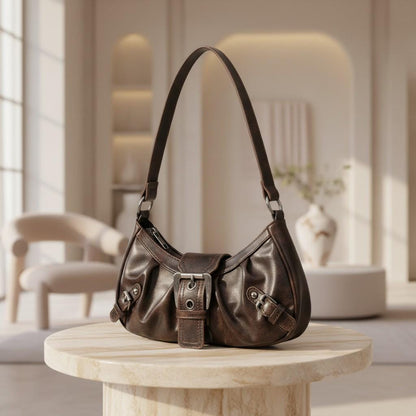 Vintage Brown Shoulder Bag, Y2K Hobo Purse, Retro Buckle Handbag, Dark Brown Everyday Bag