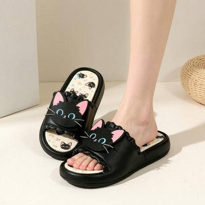 Cute Cat Slippers, Black Cat Slides, Kawaii House Slippers, Women's Indoor Slippers, Funny Cat Shoes, Cozy Summer Slides, Gift for Cat Lover