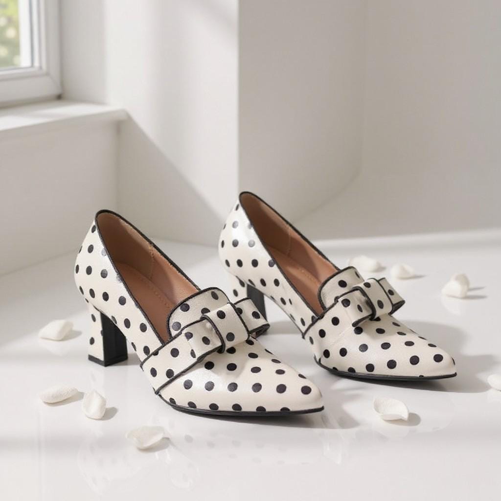 White Polka Dot Pumps, Bow Block Heels, Black and White Retro Dress Shoes