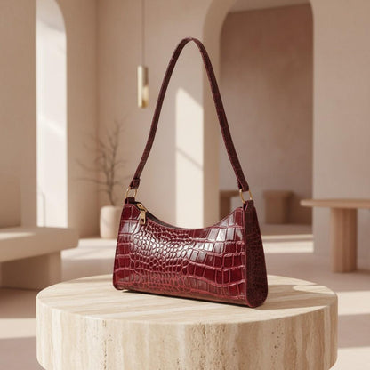 Burgundy Croc Shoulder Bag, Baguette Purse for Women, Small Glossy Handbag, Trendy Evening Bag
