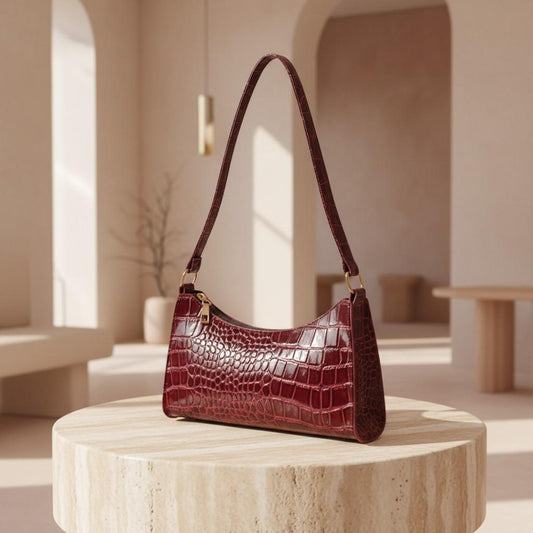 Burgundy Croc Shoulder Bag, Baguette Purse for Women, Small Glossy Handbag, Trendy Evening Bag