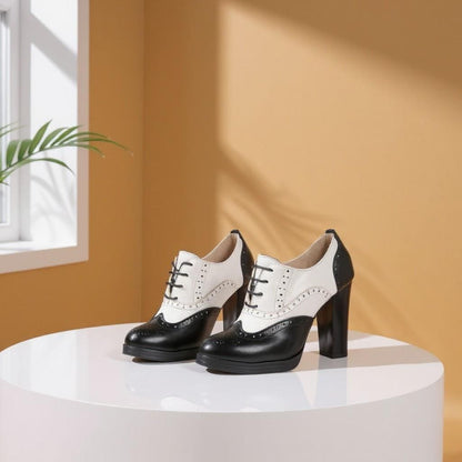 Black White Oxford Heels, Lace Up Brogue Shoes, Two Tone Block Heel