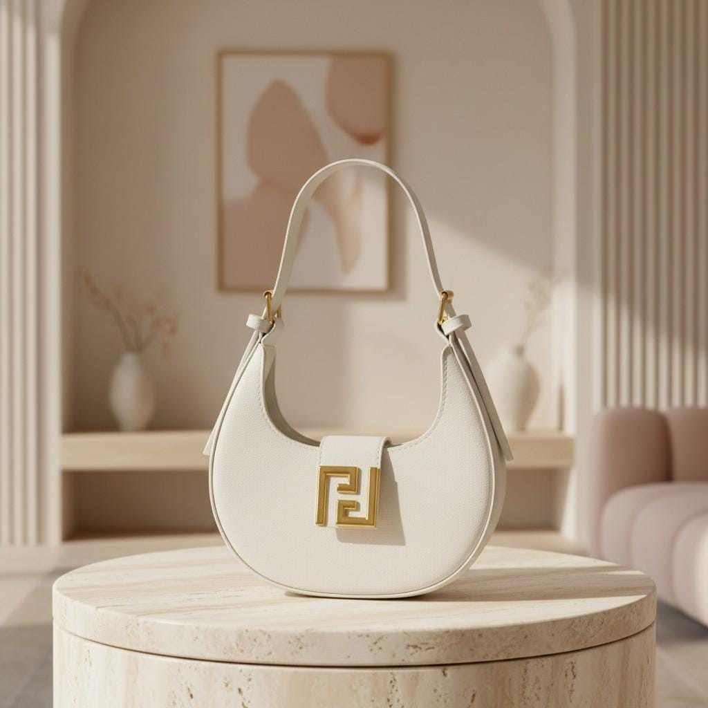 White Hobo Shoulder Bag for Women, Crescent Purse, Small Handbag with Gold Detail, Minimalist Everyday Bag