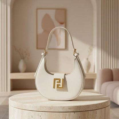 White Hobo Shoulder Bag for Women, Crescent Purse, Small Handbag with Gold Detail, Minimalist Everyday Bag
