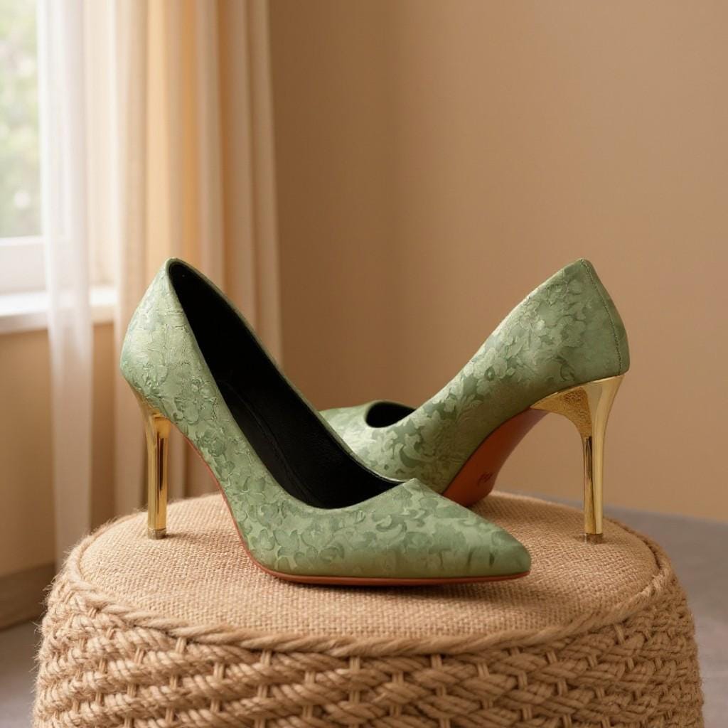 Green Floral Heels, Pointed Toe Stiletto Pumps, Sage Green Dress Shoes