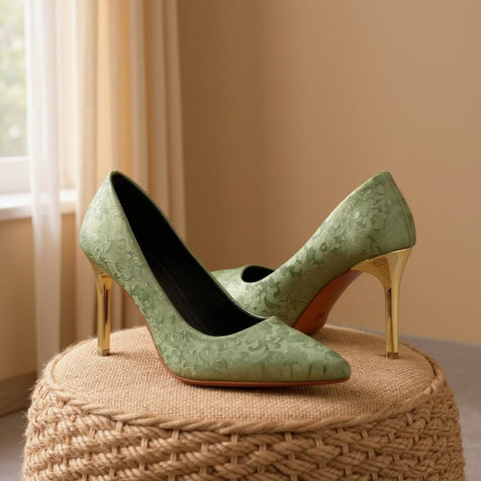 Green Floral Heels, Pointed Toe Stiletto Pumps, Sage Green Dress Shoes