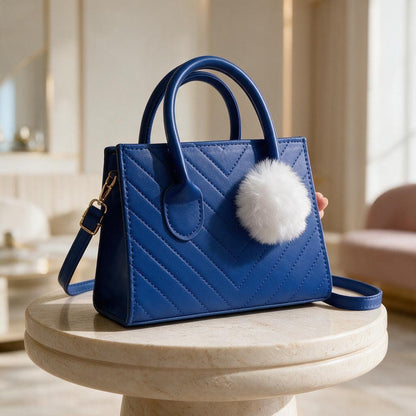 Royal Blue Handbag, Quilted Top Handle Purse, Blue Shoulder Bag with Pom Pom, Geometric Womens Purse, Cute Everyday Bag